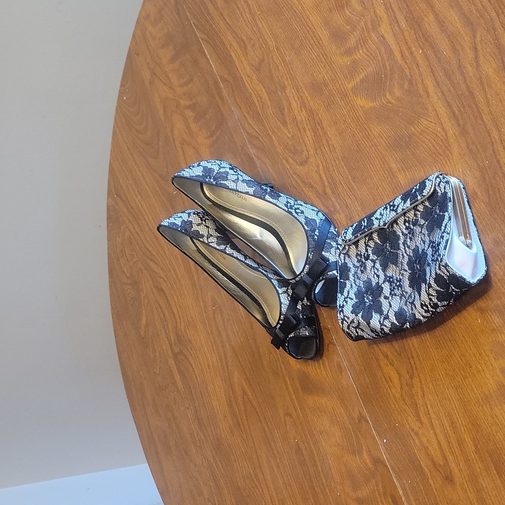Ann Taylor black lace peep toe heels with matching clutch